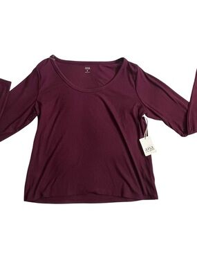 a.n.a Long Sleeve Scoop Neck Top - Plum Burgundy